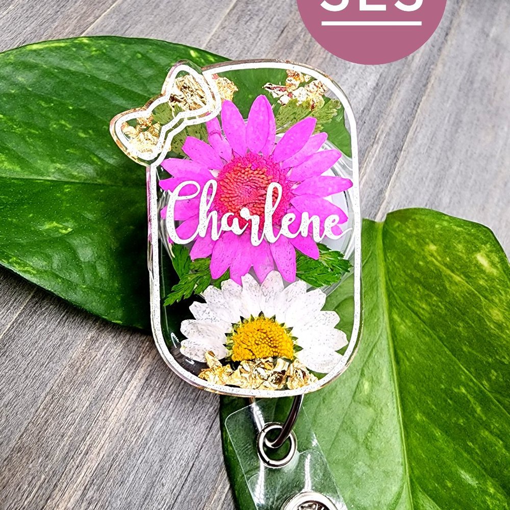 Custom Name Pill Capsule Badge Reel-Floral Pharmacy Badge Holder
